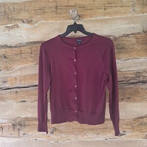 Lands' End Maroon Crewneck Cotton Blend Cardigan Size MP